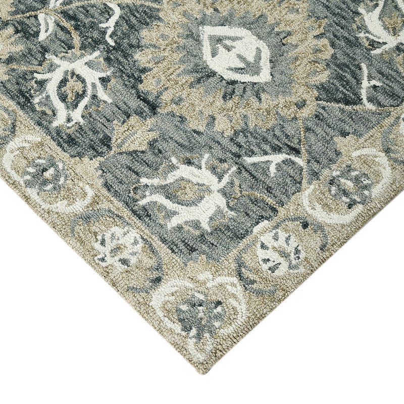 Tapis gris en laine crocheté à la main Dorcelus, Rectangulaire 2 pi x 3 pi