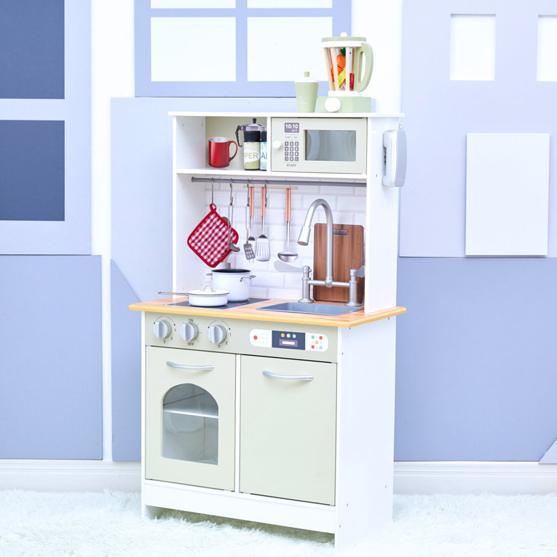  Teamson Kids Little Chef Boston Wooden Pretend Play Kitchen Set with Oven, Microwave and Acessory Set, Beige