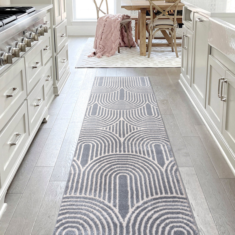 Megane MidCentury Art Deco Striped Arches Two-Tone High-Low Blue/White Rug, Runner 2' x 8'
