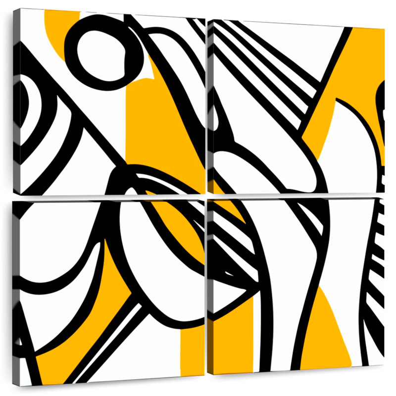 Lignes abstraites noires et jaunes, H 18 po x l 18 po
