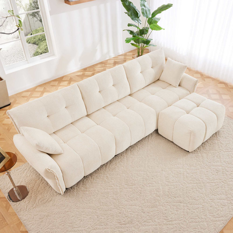 Canapé 3 places avec repose-pieds Chenille, Blanc