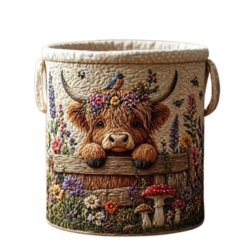 Cow Floral Printed Fabric Storage Basket Quilted Embroidery-Style Organizer With Handles, M