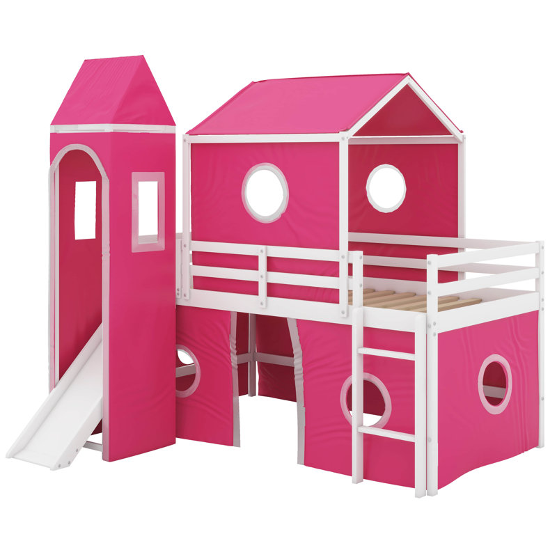 Lit mezzanine simple avec tente et tour coulissante, Rose