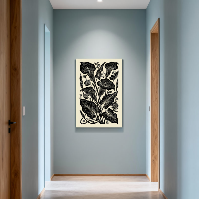 Plantes et fleurs, motif botanique floral noir et blanc, H 40 po x l 28 po