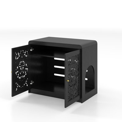 Black Hollow‑Carved Cat Litter Box Enclosure Cabinet, Multi‑Purpose Sideboard with Vent & Large Cat Entry for Living Room & Entryway. Note: Litter box and cat mat not included.