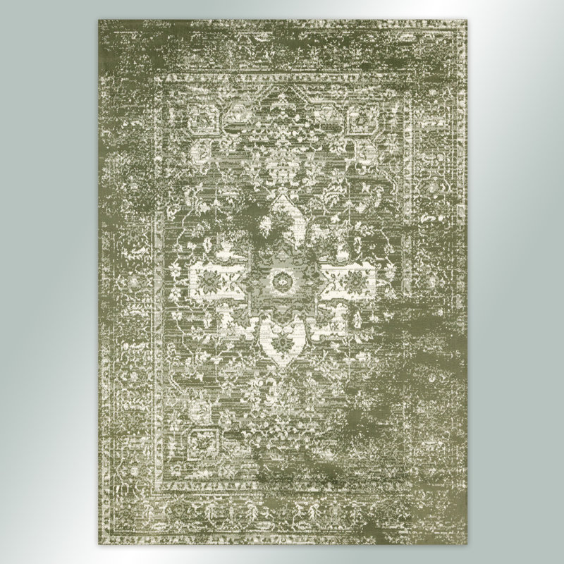 Tapis traditionnel vert Manzelli, Rectangle 7 pi 9 po x 10 pi 6 po