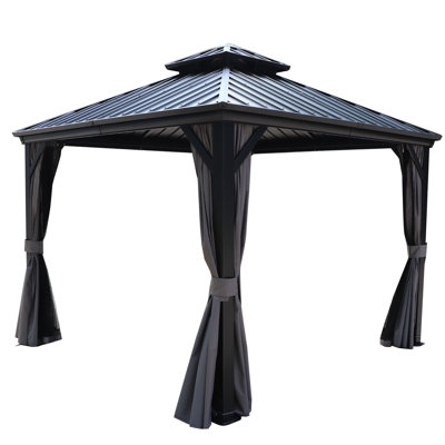 Kozyard Caesar Gray Double Roof Hardtop Gazebo with Privacy Curtain and Mosquito Netting