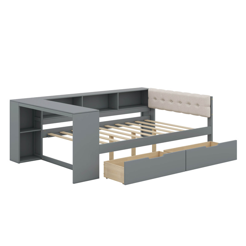 Lit plateforme double avec tablettes, tiroirs, station de charge et tête de lit tapissier, Lit double, Gris