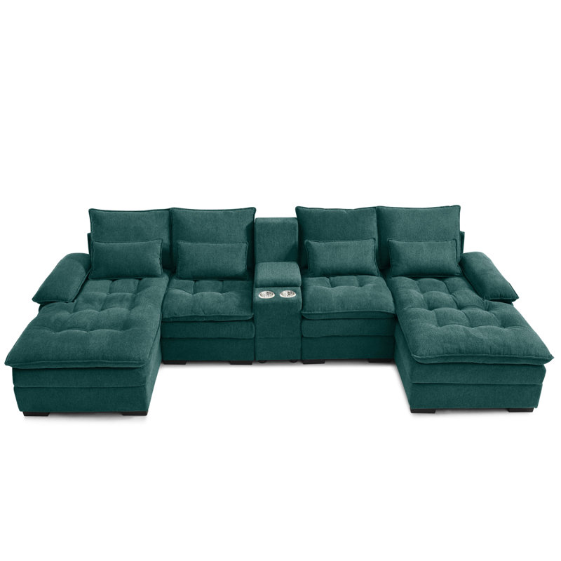 Akeyra Upholstered U Shaped Sectional Sofa with Console, Teal Linen