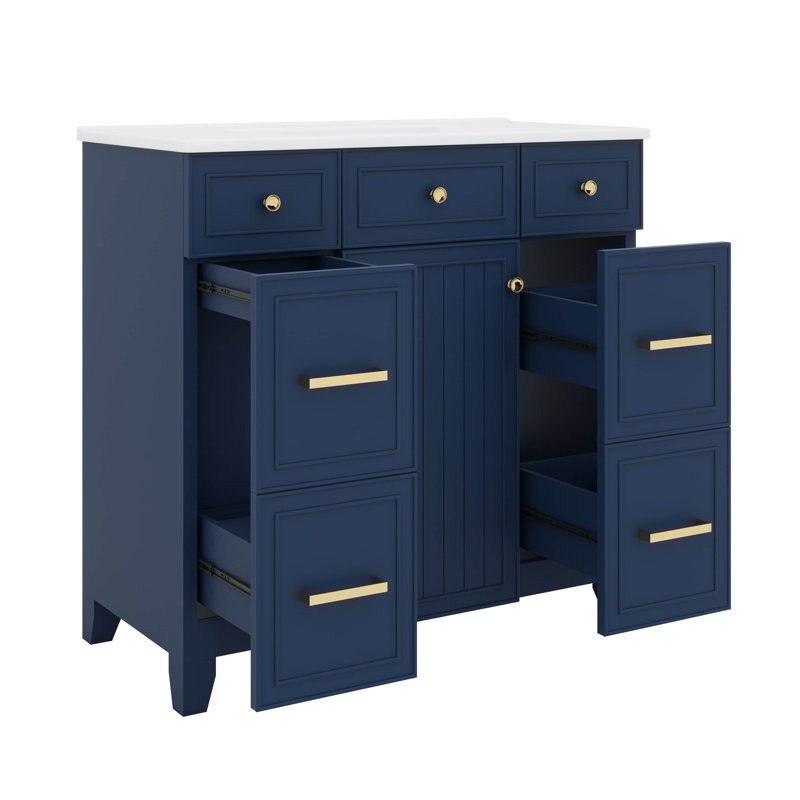 Meuble-lavabo 36 po avec lavabo en céramique, portes à fermeture douce, tablettes réglables et 3 tiroirs, Bleu