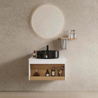 Meuble-lavabo flottant peu encombrant avec vasque en marbre noir et tablette de rangement ouverte