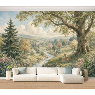 Papier peint adhésif pelez et collez, paysage de campagne, ruisseau de cerfs, couleurs pastel, papier auto-adhésif amovible, décoration murale pour salon, chambre à coucher H 100 po x l 144 po