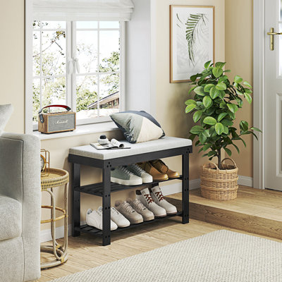 Banc à chaussures en bambou, range-chaussures à 3 niveaux, banc d'entrée avec coussin et tablettes réglables