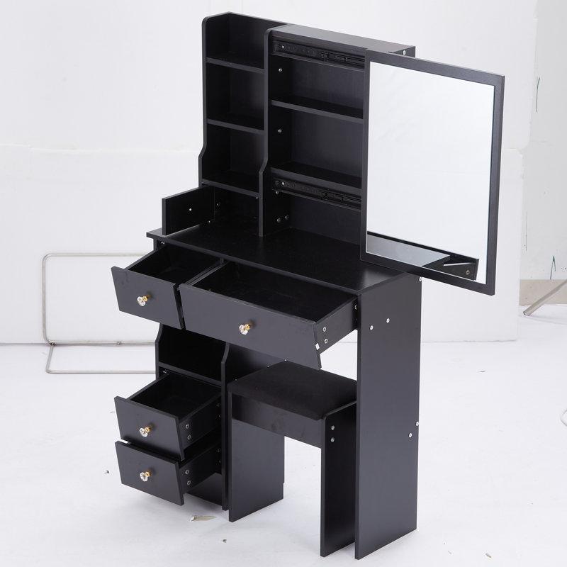 29.2" Small Space Left Drawer Desktop Vanity Table + Cushioned Stool, Extra Large Right Sliding Mirror, Multi Layer High Capacity Storage, Practical Fashionable Dresser, Suitable For Small Space