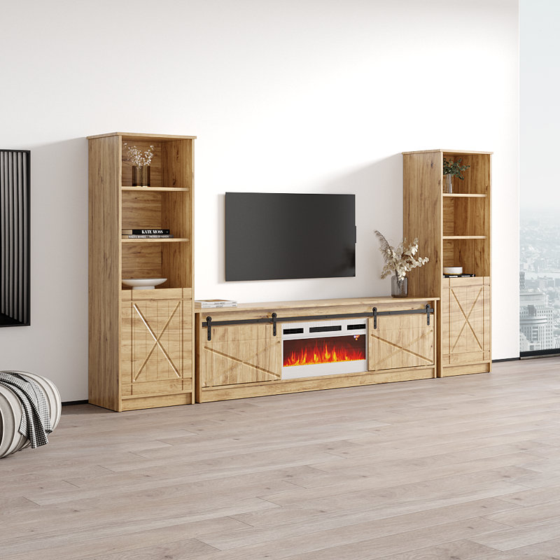 Fiorenze 120.5" Modern Entertainment Center with Electric Fireplace, High Gloss Finish, Media Storage, Oak