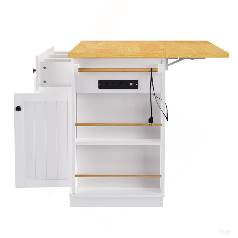 53Inch Large Kitchen Island With 2 Bar Stools, Power Outlet,Door Internal Storage Rack, Kitchen Storage Cart On 5 Wheels With Drop Leaf, 5 Open Side Racks, 3 Drawers, For Kitchen,Dining Room,White