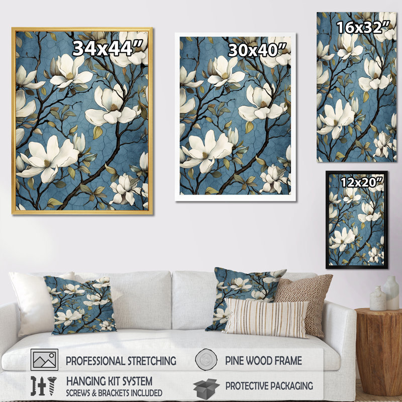 «White Blooimg Magnolias Trees» sur toile imprimée, H 32 po x l 24 po x P 1 po, Cadre flottant noir