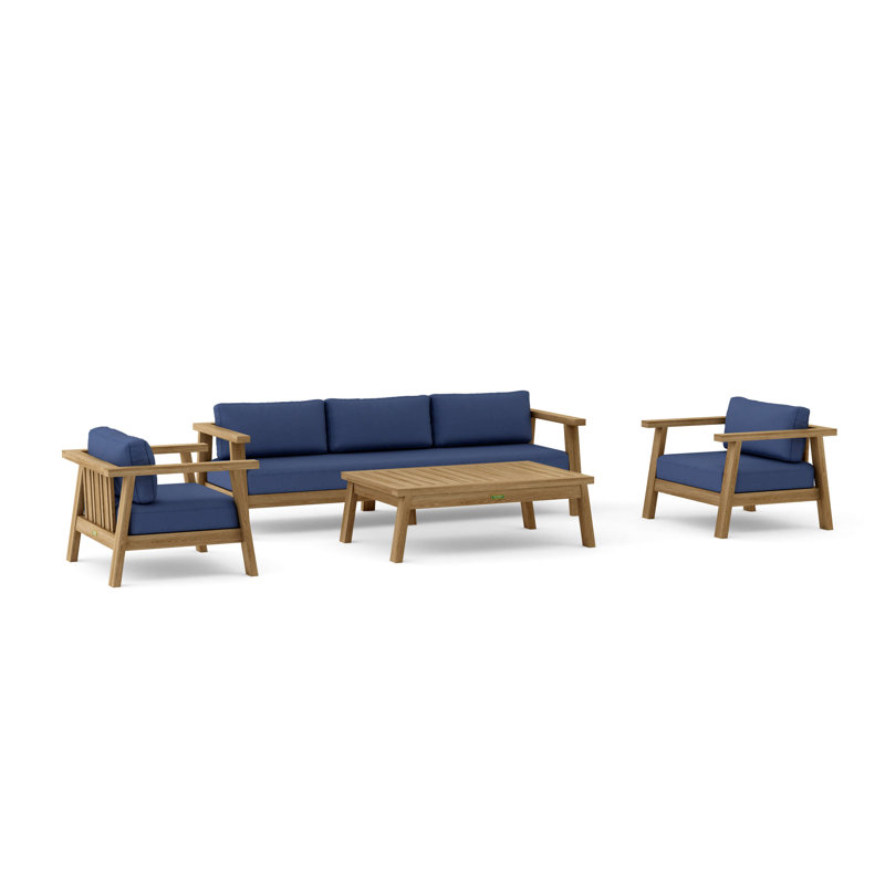 Ensemble de conversation d'extérieur en teck pour 4 personnes avec coussins Palermo, Toile bleu marine Sunbrella®