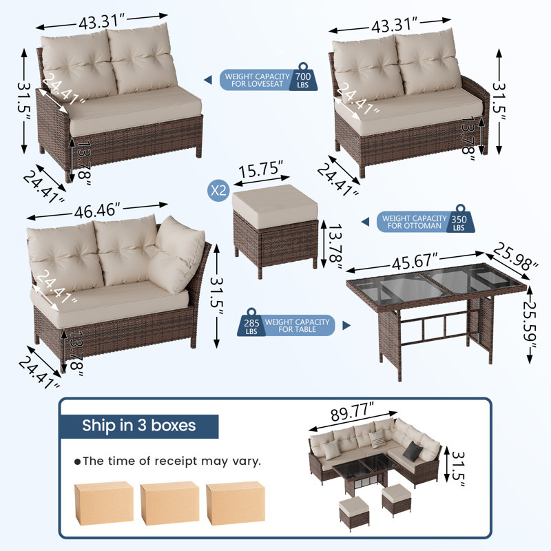 6-Piece Outdoor Wicker Patio Sofa Set With Dining Table, Beige, Brown