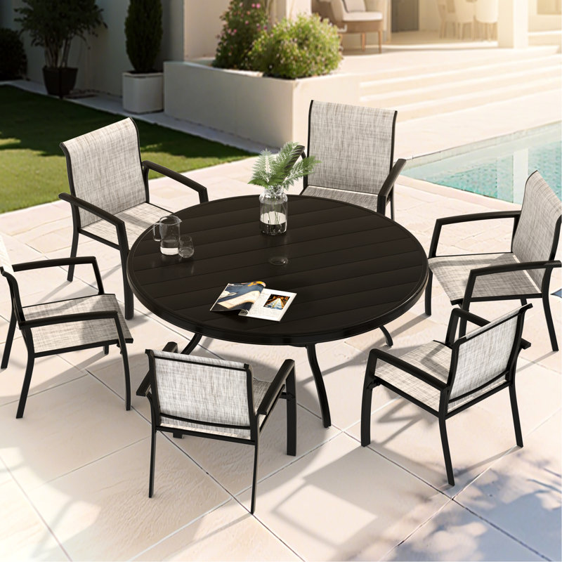Round Dining Table For 4 - 6, All Weather Metal With Umbrella Hole, Black Modern Style Outdoor Spaces Patio Steel Design Lawn And Garden