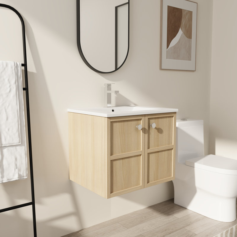 Meuble-lavabo flottant avec lavabo en céramique blanche et deux portes à lattes à fermeture douce, 24"
