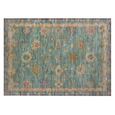 Machine Washable Indoor/Outdoor Xhevrie Teal Rug