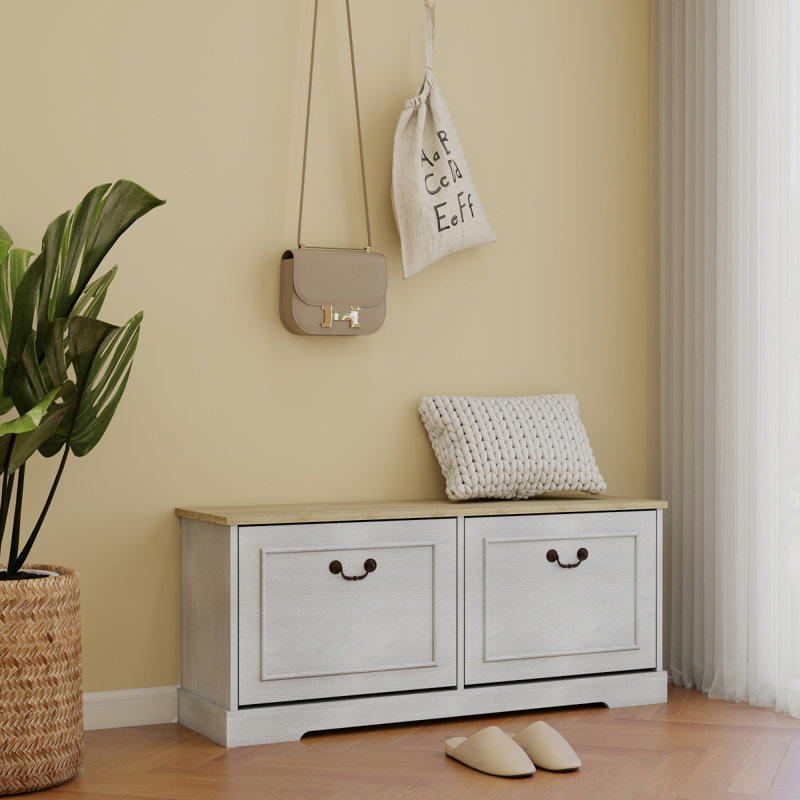 Banc de rangement pour chaussures avec 2 tiroirs rabattables et tablette réglable pour le vestibule, le couloir, la chambre à coucher - blanc antique