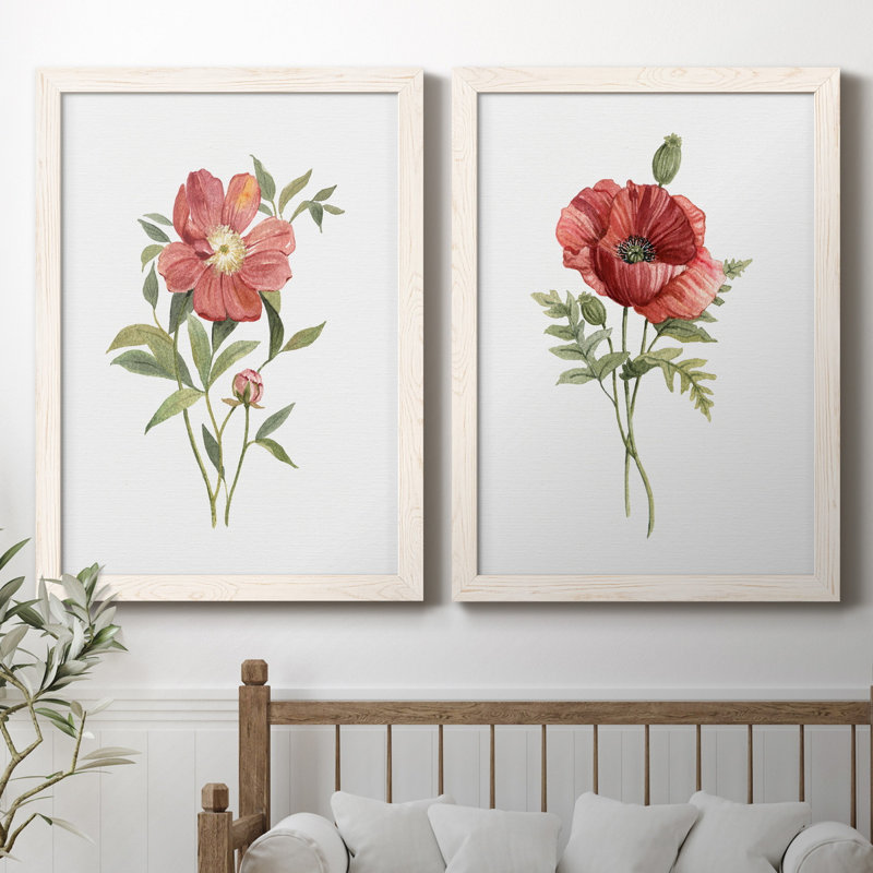 Pivoine écarlate - ensemble de 2 reproductions d'art, Pas de tapis, H 44 po x l 31 po x P 1 po, Toile blanche encadrée