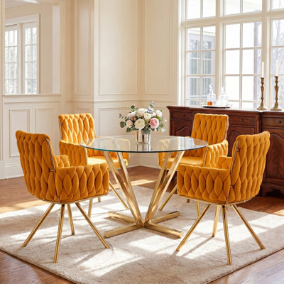 Ensemble de table de salle à manger 45,2 po pour 4 personnes, table de salle à manger moderne en verre trempé avec 4 chaises rembourrées en velours