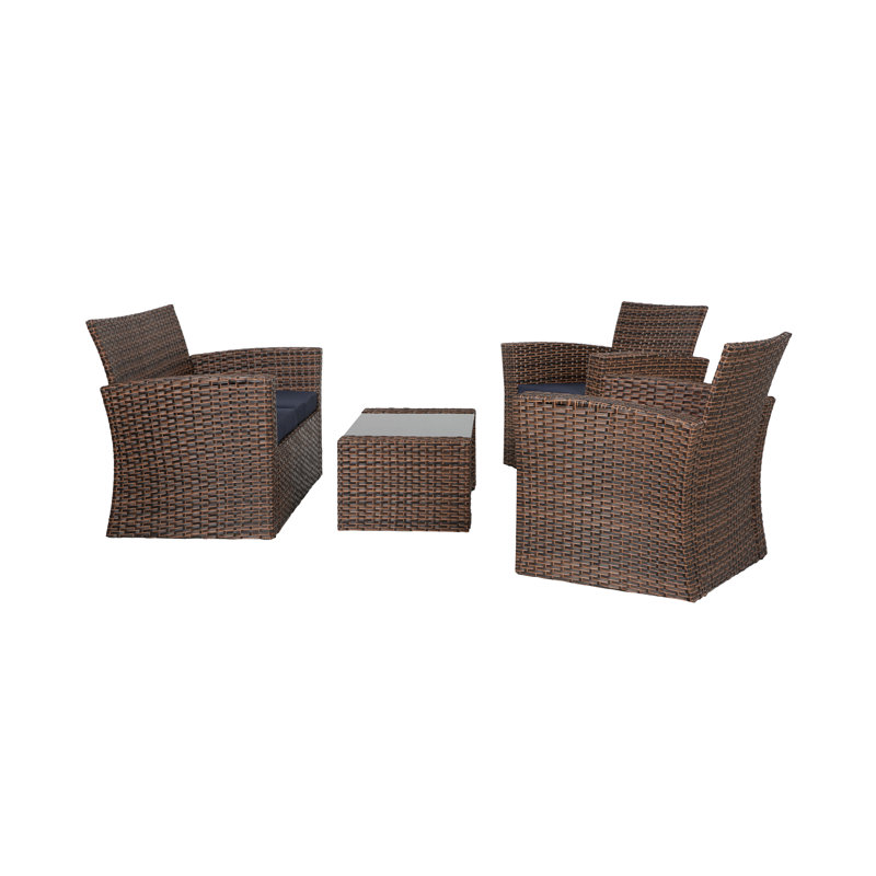 Tisdale 4-Piece UV Resistant Outdoor Conversation Set with Cushions, Navy Blue Performance, Brown