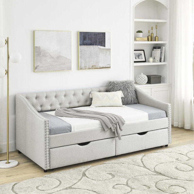 Comfortable Tufted Sofa Bed With Drawers And Sturdy Construction, Beige