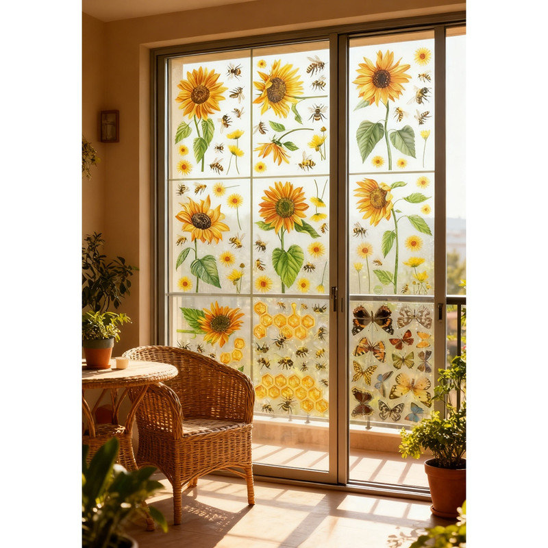 Tournesol abeille papillon statique fenêtre autocollants PVC plat autocollants muraux moderne minimaliste intérieur réfrigérateur en verre décor imperméable antistatique