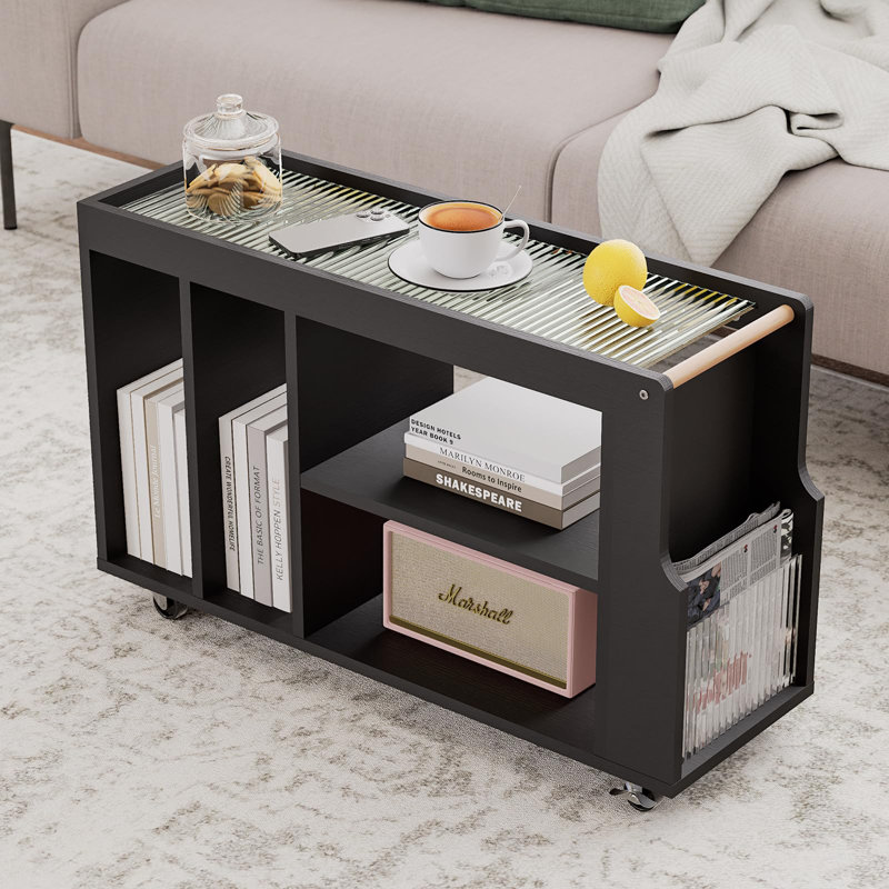 Black Wood Narrow Side Table with Fluted Glass Top and Wheels