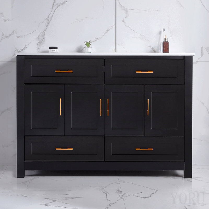 Meuble-lavabo noir 48 po. Armoire de rangement abondante - 4 portes à fermeture douce et 4 tiroirs (à l'exception du lavabo en céramique)