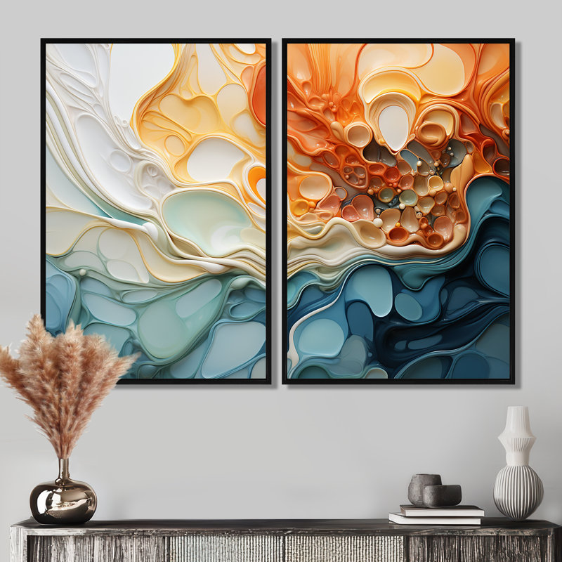 Encre bleue et orange, art mural 2 pièces, H 36 po x l 48 po, Impression encadrée flottante, Noir