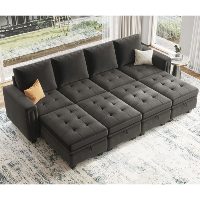 Shavera 7 - Piece Velvet Sectional Sofa Convertible Sleeper Sofa Bed Apartment Couch with Storage Ottomans, Gray Velvet