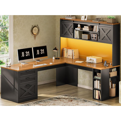 L Shaped Computer Desk, 67" Farmhouse Home Office Desks with Drawers