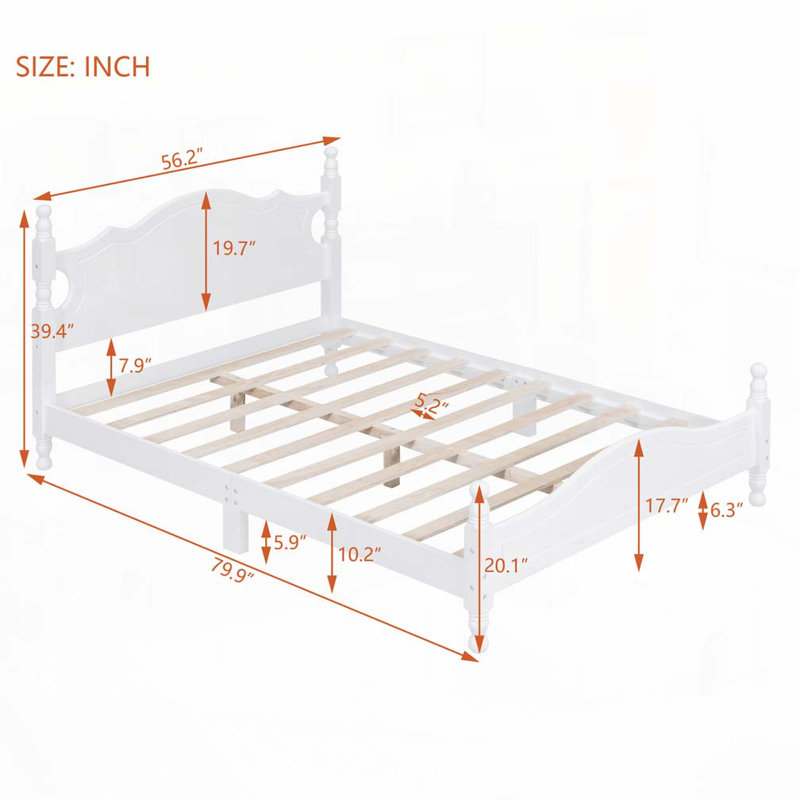 Base de lit plateforme en bois, lit plateforme de style rétro avec support en lattes de bois, Lit double, Blanc