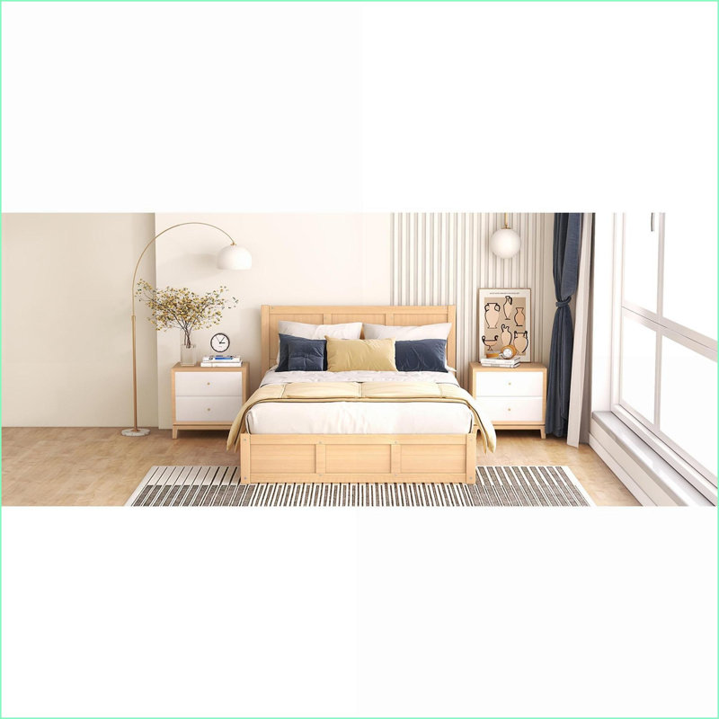 Lit plateforme double en bois de pin avec rangement à 2 tiroirs, aucun sommier nécessaire, ton de bois naturel pour la chambre à coucher