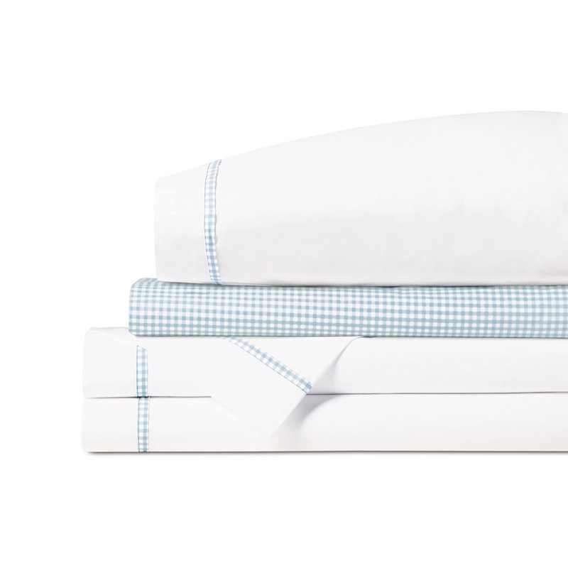 Malaya Egyptian Cotton Percale Gingham Sheet Set, Sky, Full