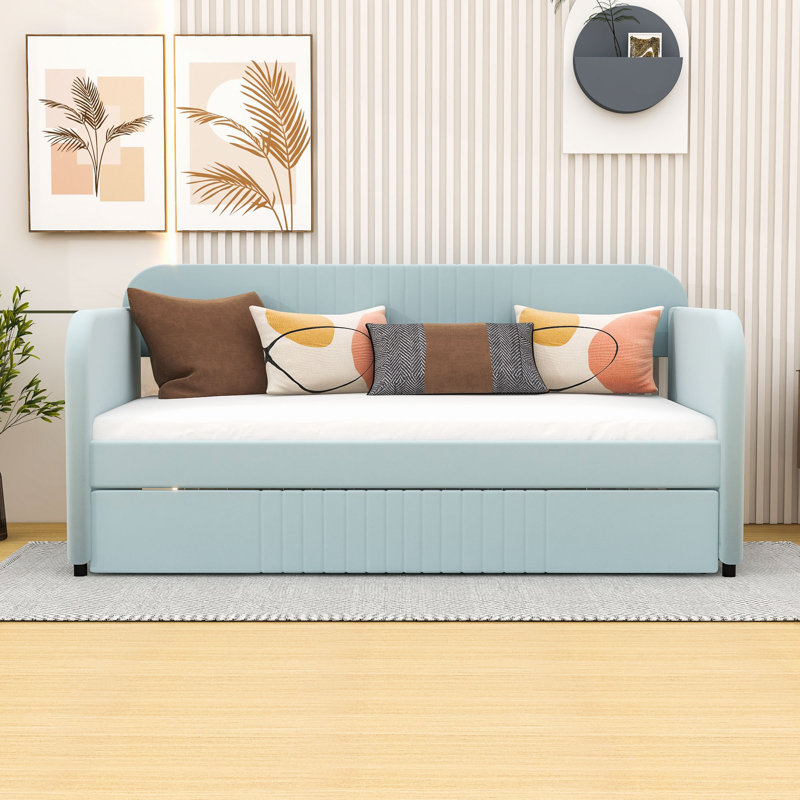 Twin Size Upholstered Daybed With Twin Size Trundle, Light Blue
