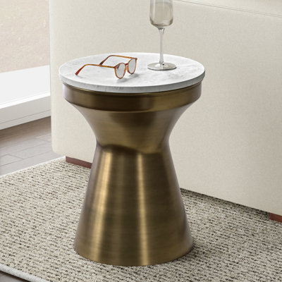 14"W Genuine Marble Top Modern End Table with Sculptural Metal Base, Assembled