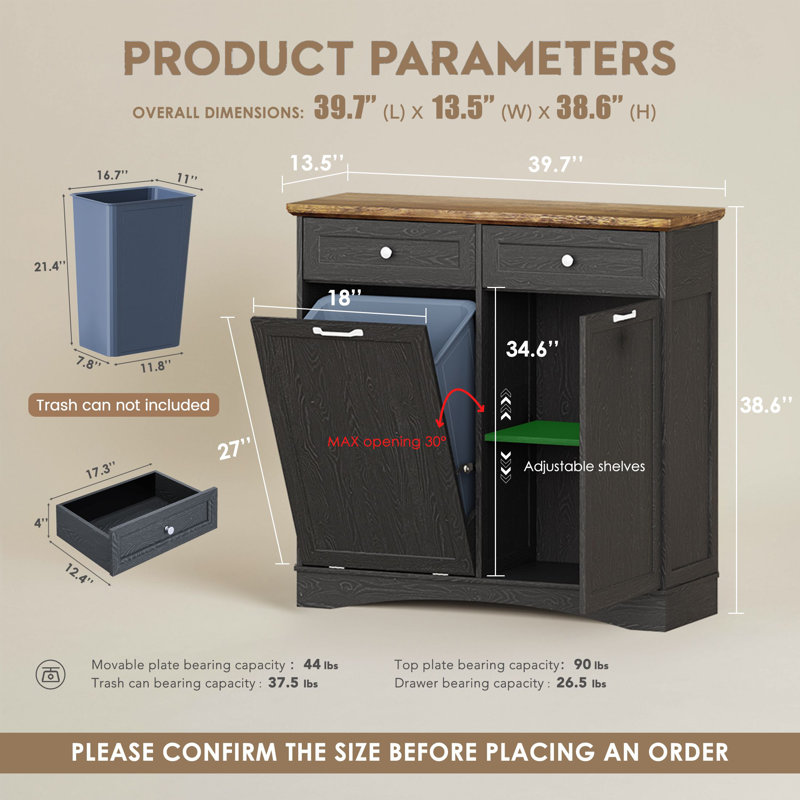 Kitchen Island With Trash Can Storage, Black