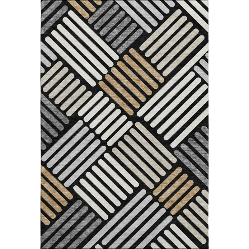Premium Machine Washable Mayfield AMF2339 Geometric Rug, 9' x 12', Black