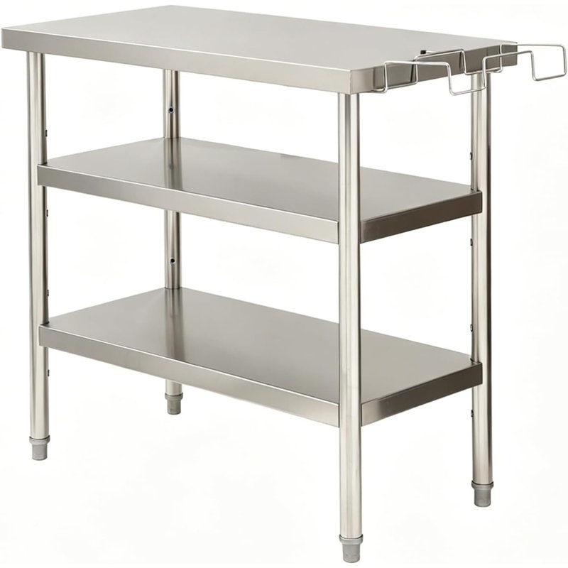 Stainless Steel Commercial Work Table with Double-Layer Storage and Side Hooks for Kitchen, Lab, or Workshop