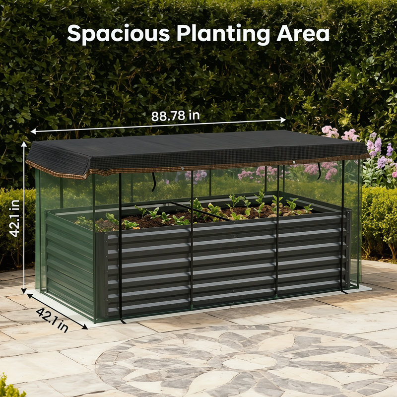 Lit de jardin surélevé en acier galvanisé avec cage de culture et toile d'ombrage - Boîte à fleurs d'extérieur robuste (l 90,5 po x P 43,25 po x H 43,25 po)