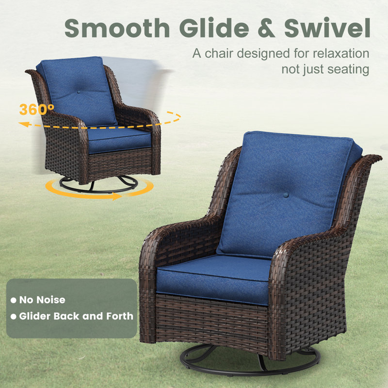 Chaise berçante de patio pivotante en osier avec coussins, Bleu ardoise
