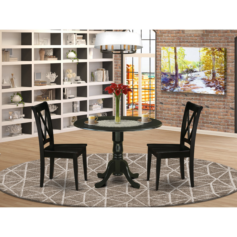 3 Piece Kitchen Table Set for Small Spaces Contains a Round Dining Room Table with Dropleaf and 2 Solid Wood Seat Chairs, Black