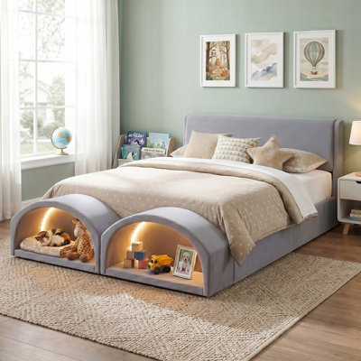 Queen Size Upholstered Platform Bed Frame with Dual Cat Caves and LED Pet Nests