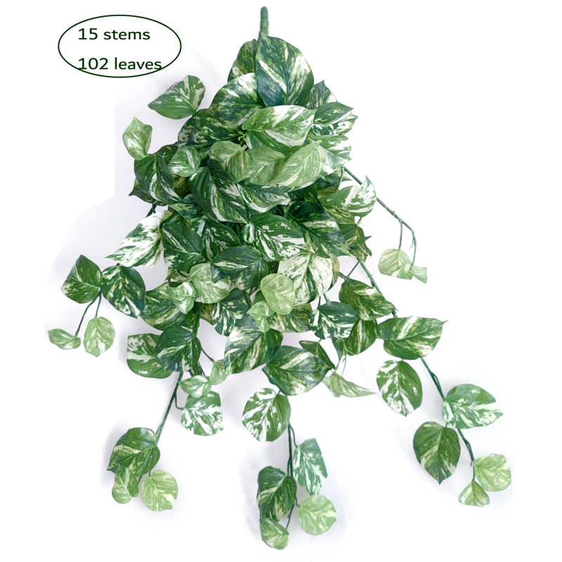 Real Touch Marble Pothos Hanging Bush, 31" H x 22" W x 4" D